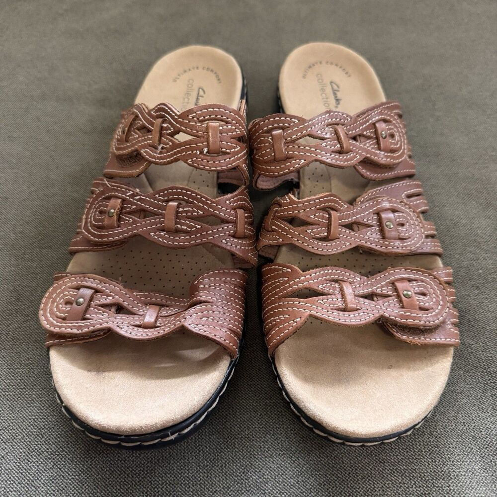 Clarks Leisa Faye Women’s 9W Brown Leather Lightweight Adjustable Slide Sandals - Picture 3 of 6